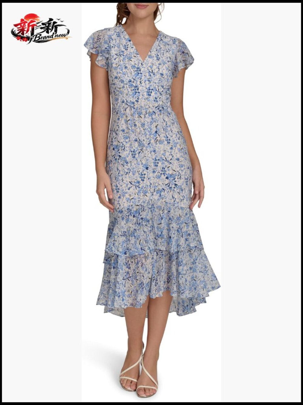 Chiffon Flutter Sleeve V-Neck Ruffle Trim Hi-Lo Midi Dress